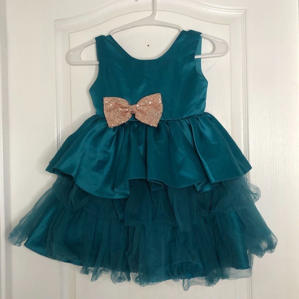Girls Teal Blue Tulle Tiered Party Dress Sequin Bow‎ Sleeveless Size 4Y